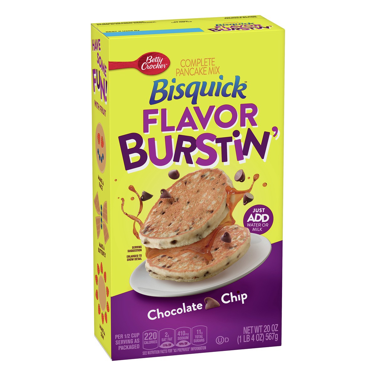 slide 4 of 10, Bisquick Betty Crocker Pancake Mix, Complete, Flavor Burstin', Chocolate Chip, 20 oz