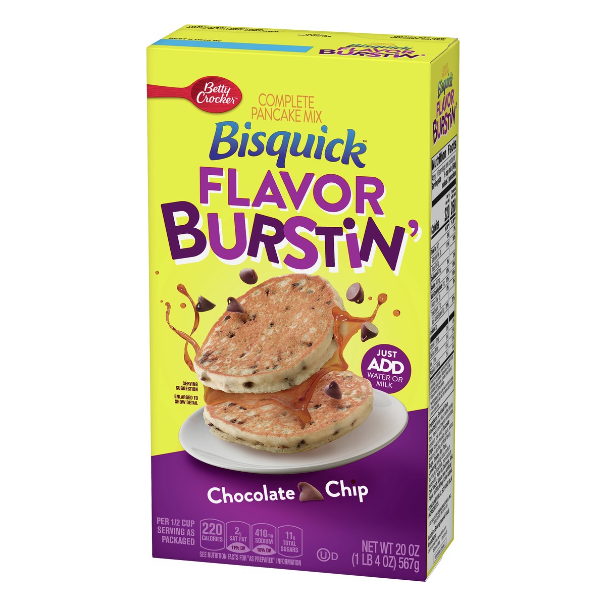 slide 9 of 10, Bisquick Betty Crocker Pancake Mix, Complete, Flavor Burstin', Chocolate Chip, 20 oz
