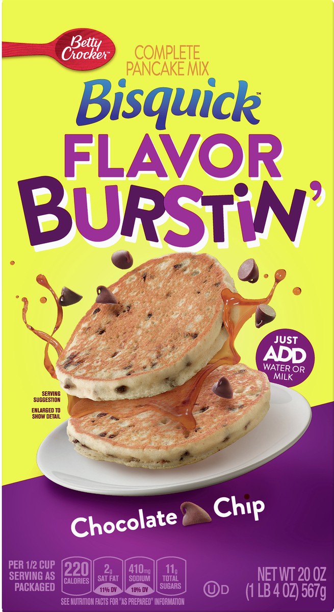 slide 7 of 10, Bisquick Betty Crocker Pancake Mix, Complete, Flavor Burstin', Chocolate Chip, 20 oz