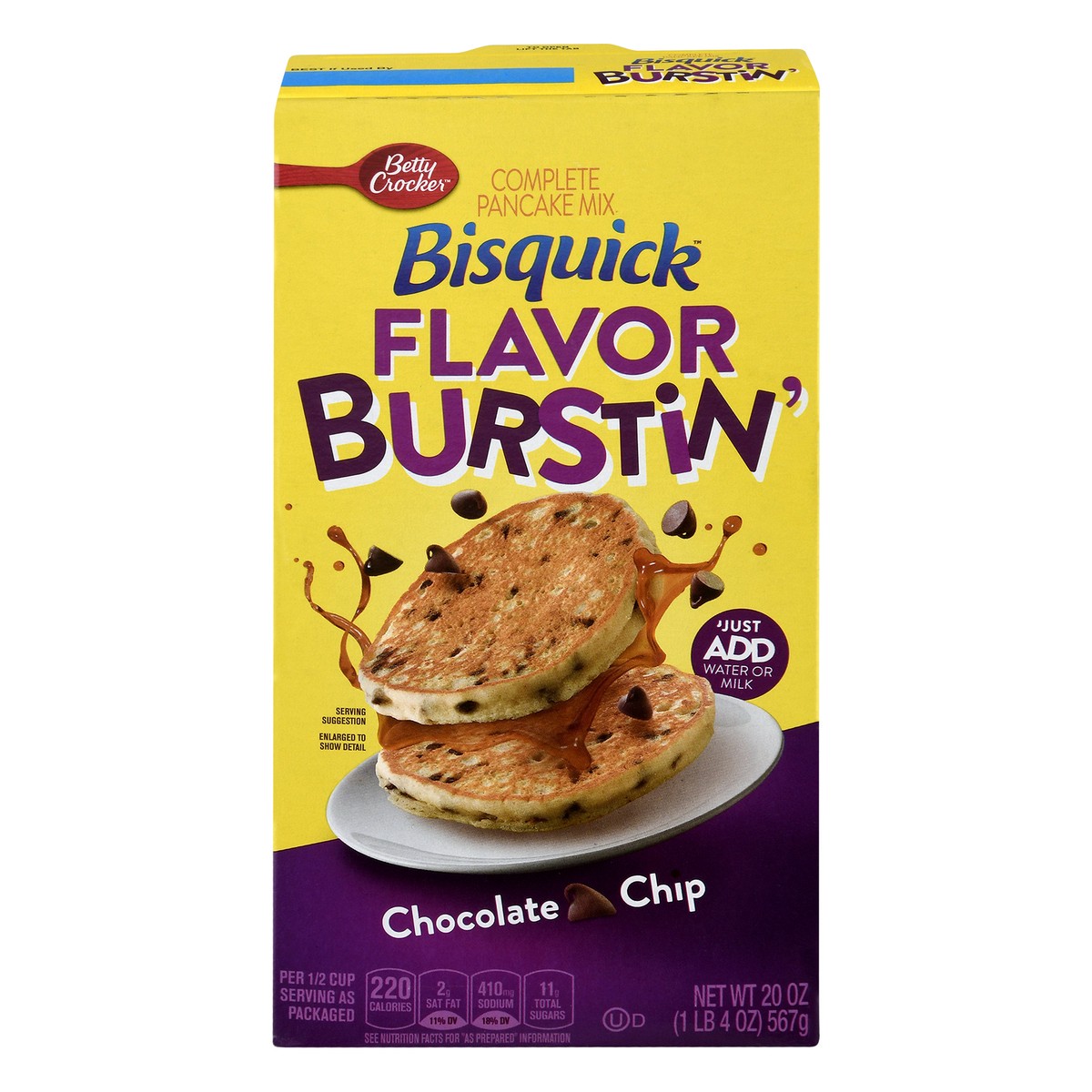 slide 1 of 10, Bisquick Betty Crocker Pancake Mix, Complete, Flavor Burstin', Chocolate Chip, 20 oz