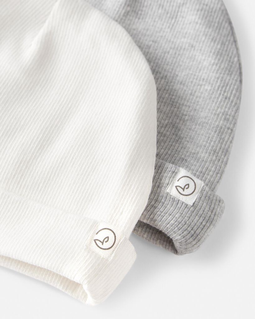 slide 3 of 3, Littleplanet 2-Pack Organic Cotton Rib Caps White, Heather Gray 3-9M, 1 ct