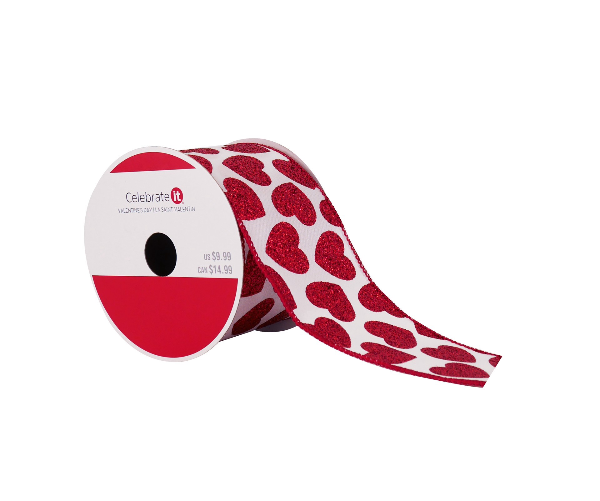 slide 3 of 3, 2.5" X 20ft. Red Glitter Hearts Wired Taffeta Ribbon By Celebrate It, 2.5 in x 20 ft