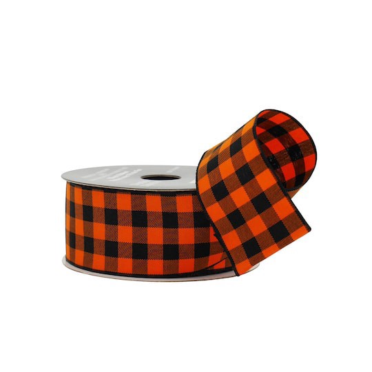 slide 1 of 3, 1.5" X 10yd. Black & Orange Gingham Wired Ribbon By Celebrate It Halloween, 1.5 in x 10 yd