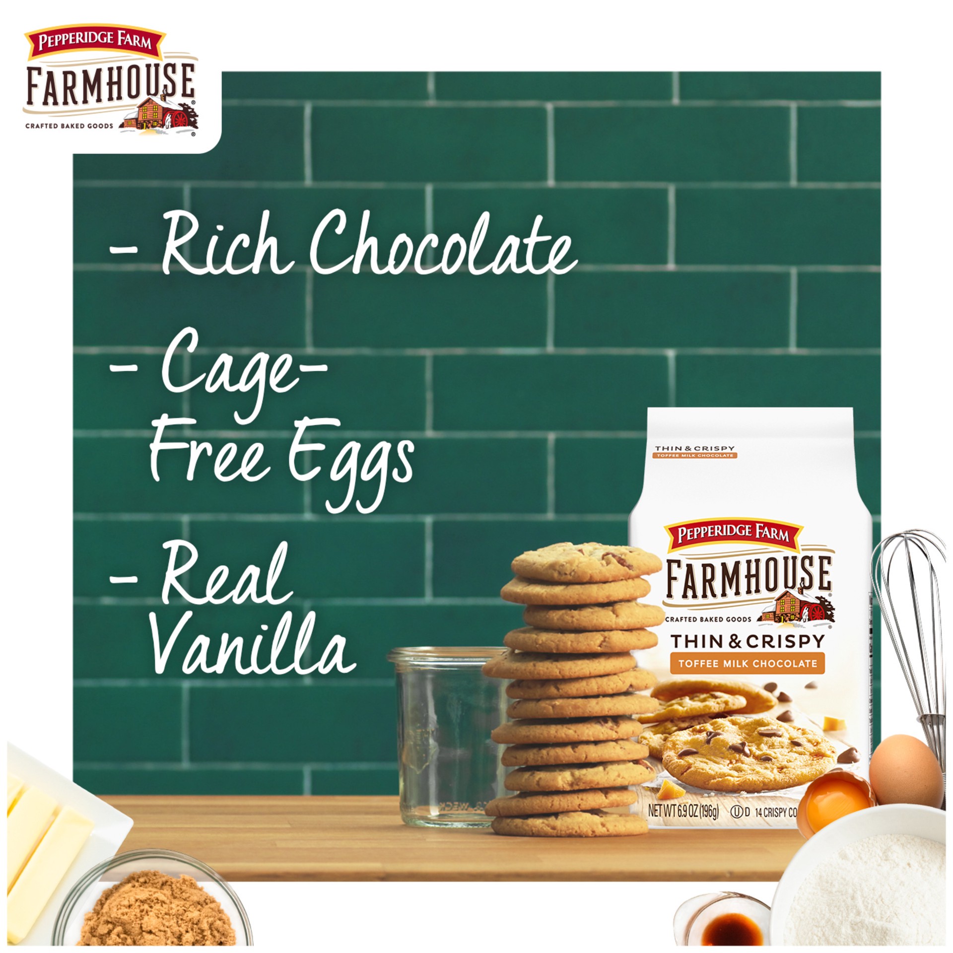 slide 5 of 9, Pepperidge Farm Farmhouse Thin & Crispy Toffee Milk Chocolate Cookies, 6.9 oz. Bag, 14 ct; 6.9 oz