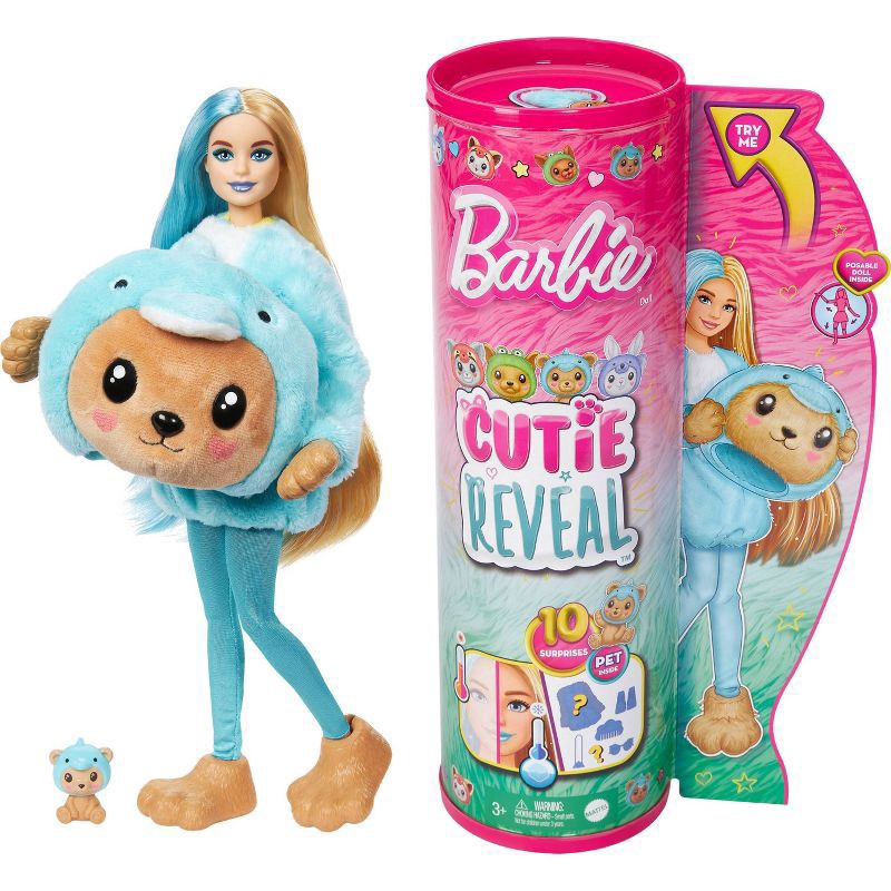 slide 1 of 6, Barbie Cutie Reveal Teddy Bear as Dolphin Costume-Themed Series Doll & Accessories with 10 Surprises, 1 ct