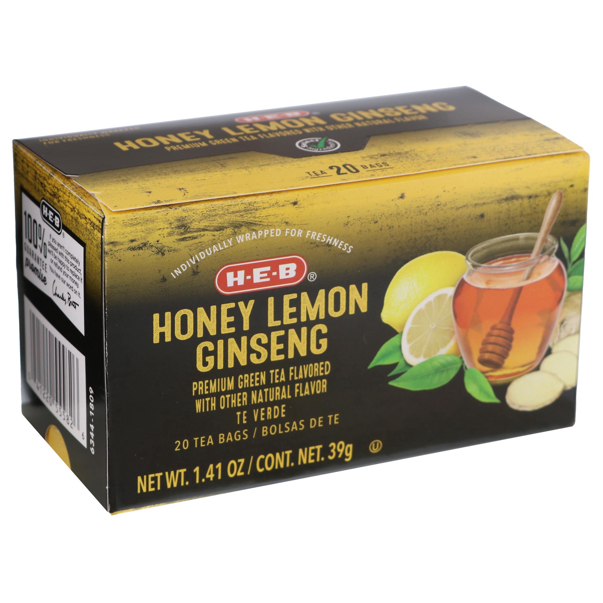 slide 1 of 1, H-E-B Honey Lemon Ginseng Green Tea Bags, 20 ct