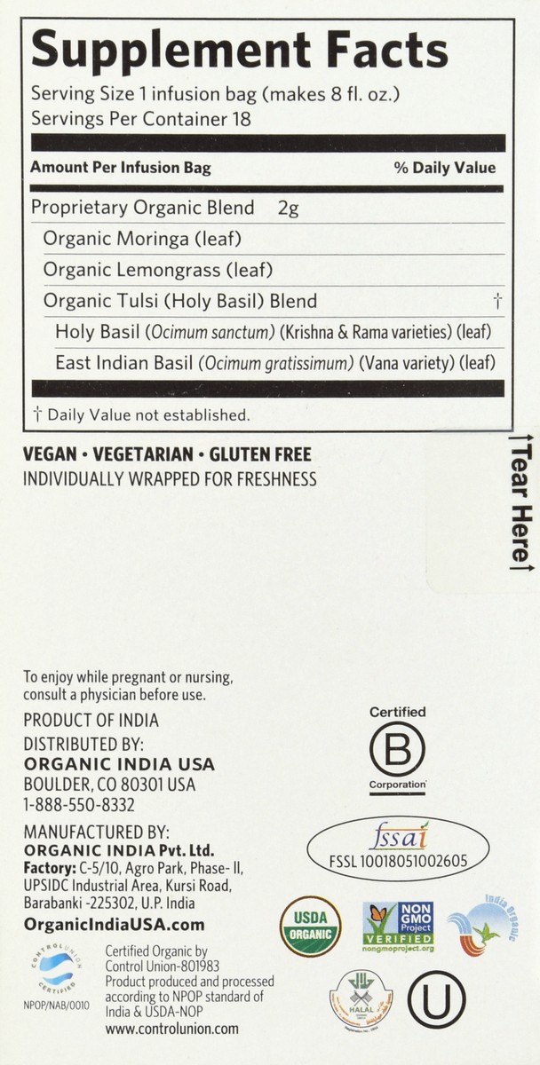 slide 5 of 12, Organic India Caffeine Free Infusion Bags Tulsi Moringa Herbal Supplement - 18 ct, 18 ct