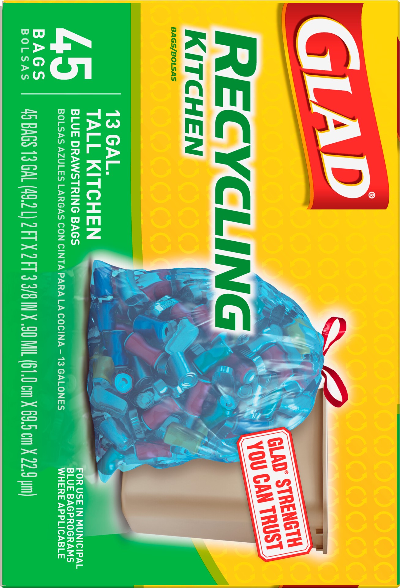 slide 3 of 5, Glad Recycling Tall Drawstring Kitchen Trash Bags, Blue, 13 Gallon, 45 Count, 45 ct; 13 gal