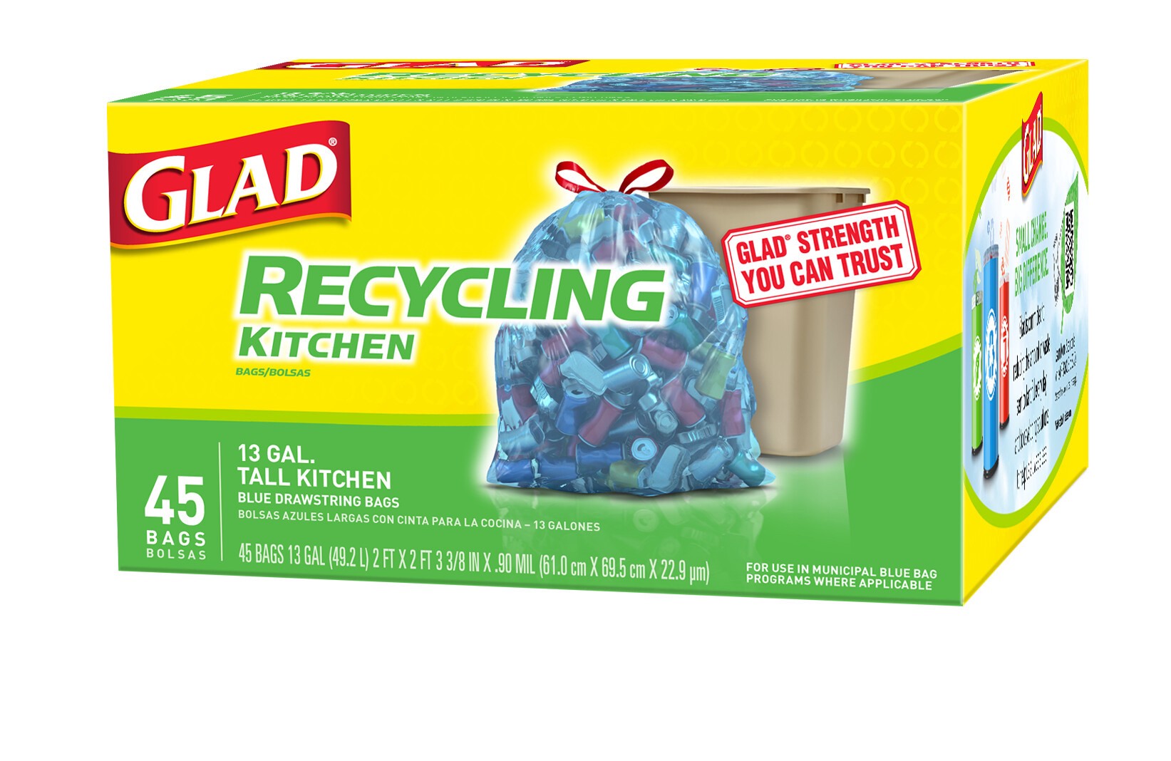 slide 4 of 5, Glad Recycling Tall Drawstring Kitchen Trash Bags, Blue, 13 Gallon, 45 Count, 45 ct; 13 gal