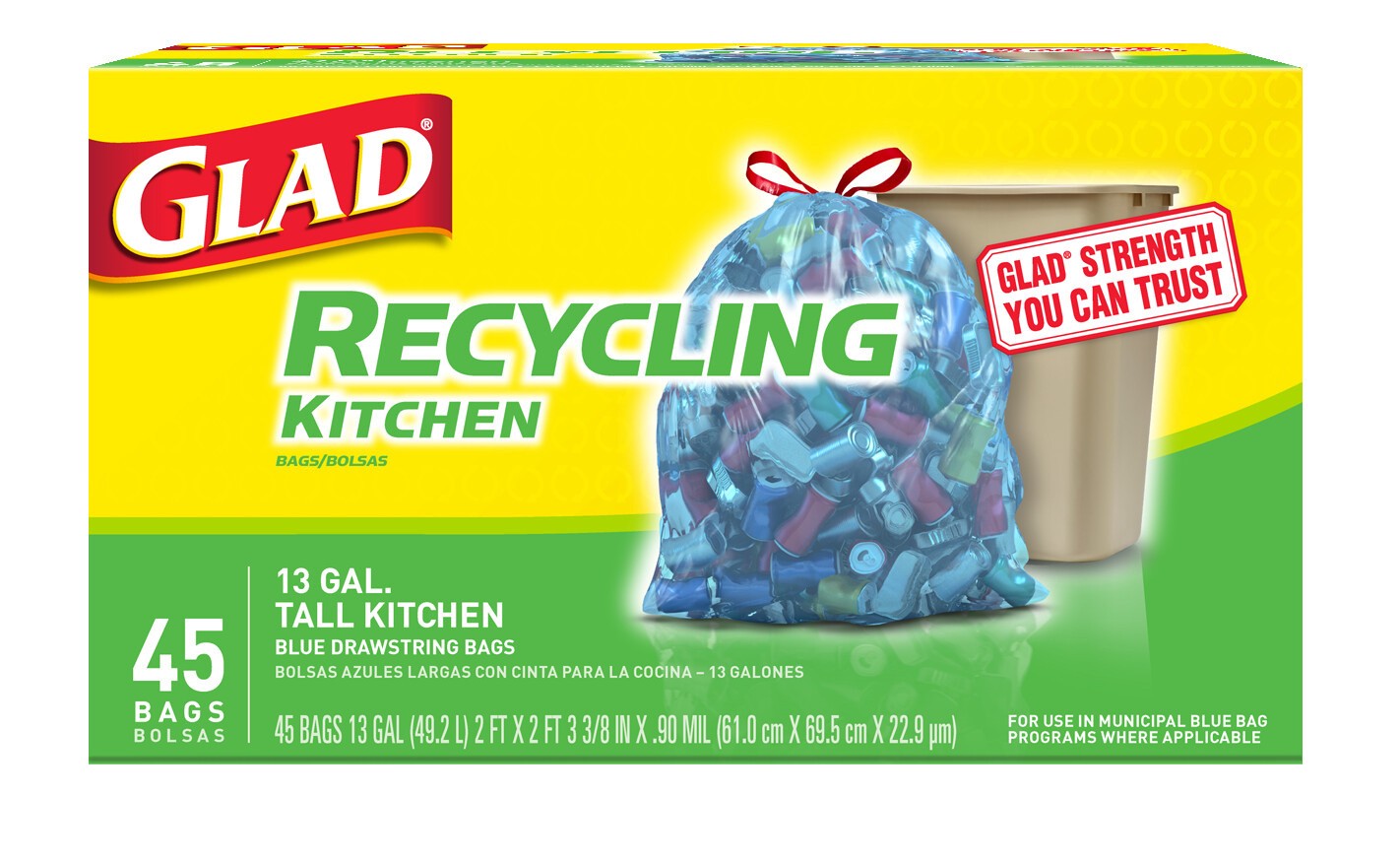 slide 1 of 5, Glad Recycling Tall Drawstring Kitchen Trash Bags, Blue, 13 Gallon, 45 Count, 45 ct; 13 gal