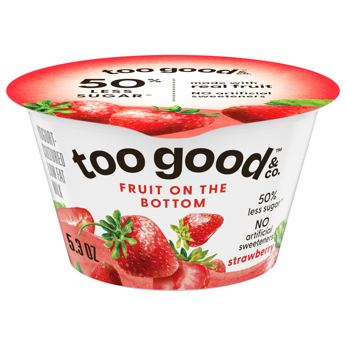 slide 1 of 29, Too Good & Co. Strawberry Yogurt-Cultured Low Fat Milk Product, Fruit On The Bottom, 5.3 OZ Cup, 5.3 oz