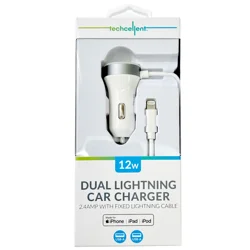 Techcellent 12W Fixed Lightning Cable Car Charger, White