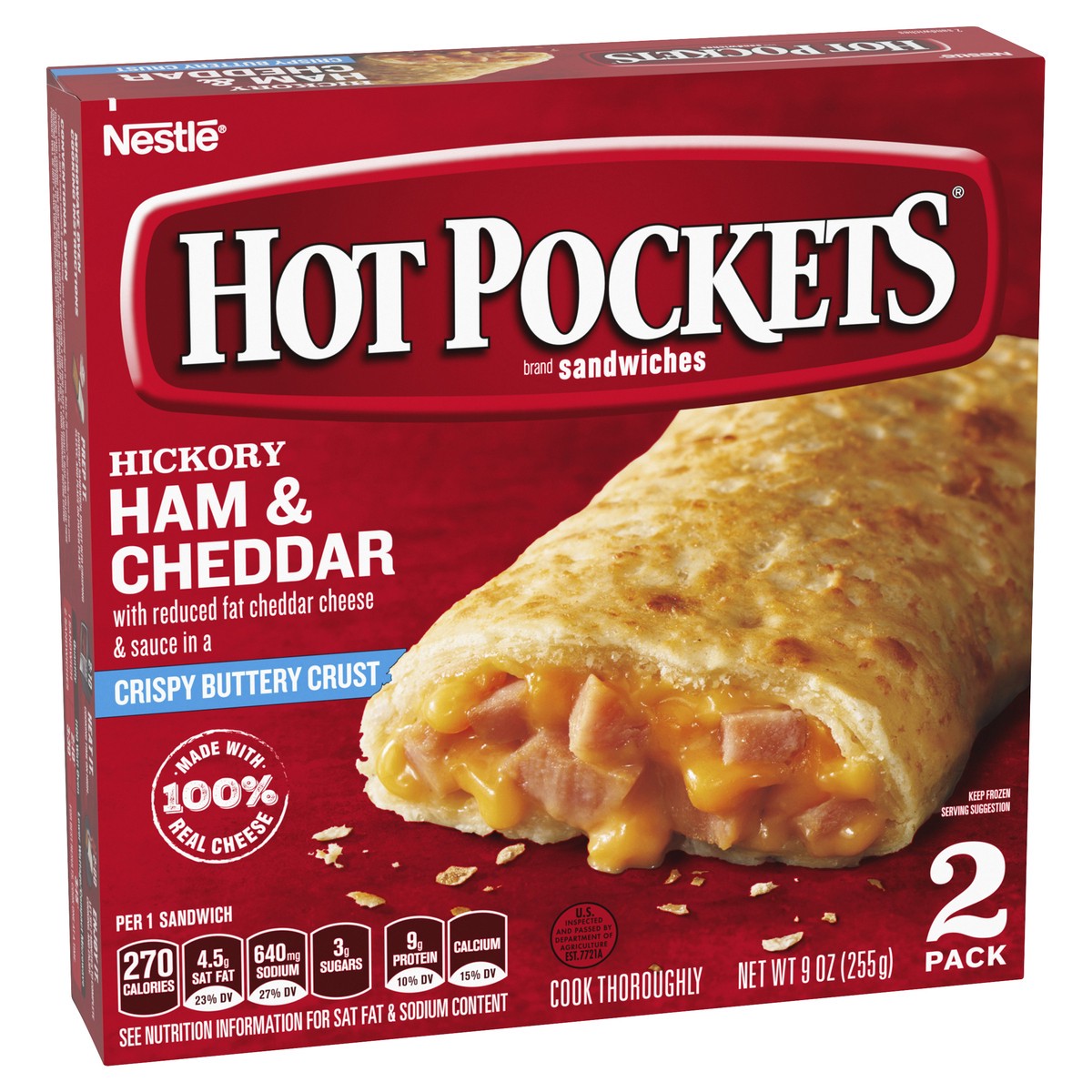slide 2 of 8, Hot Pockets Hickory Ham & Cheddar Frozen Snacks in a Crispy Buttery Crust, Frozen Ham and Cheese Sandwiches Made with Real Reduced Fat Cheddar Cheese, 2 Count Frozen Sandwiches, 2 ct; 4.5 oz