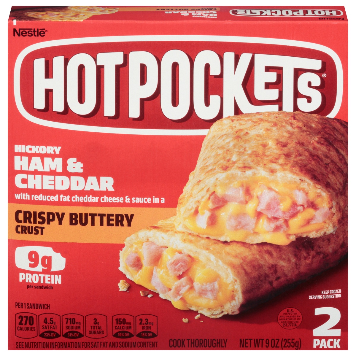 slide 1 of 1, Hot Pockets Hickory Ham & Cheddar Crispy Buttery Crust Frozen Snacks, 2 ct; 4.5 oz