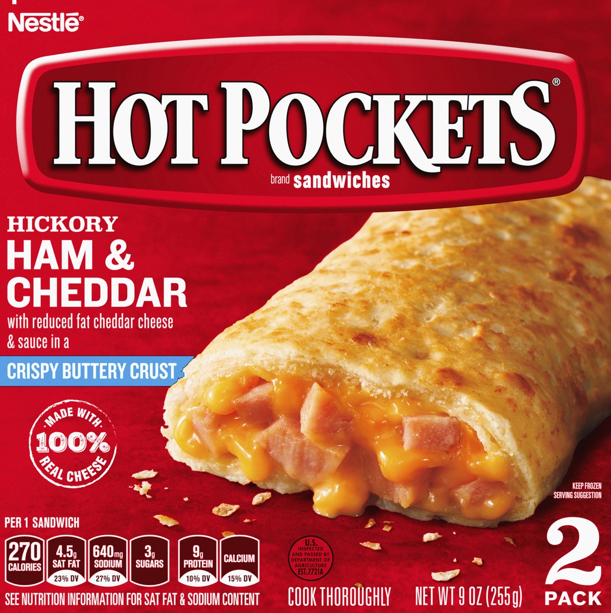 slide 5 of 8, Hot Pockets Hickory Ham & Cheddar Frozen Snacks in a Crispy Buttery Crust, Frozen Ham and Cheese Sandwiches Made with Real Reduced Fat Cheddar Cheese, 2 Count Frozen Sandwiches, 2 ct; 4.5 oz