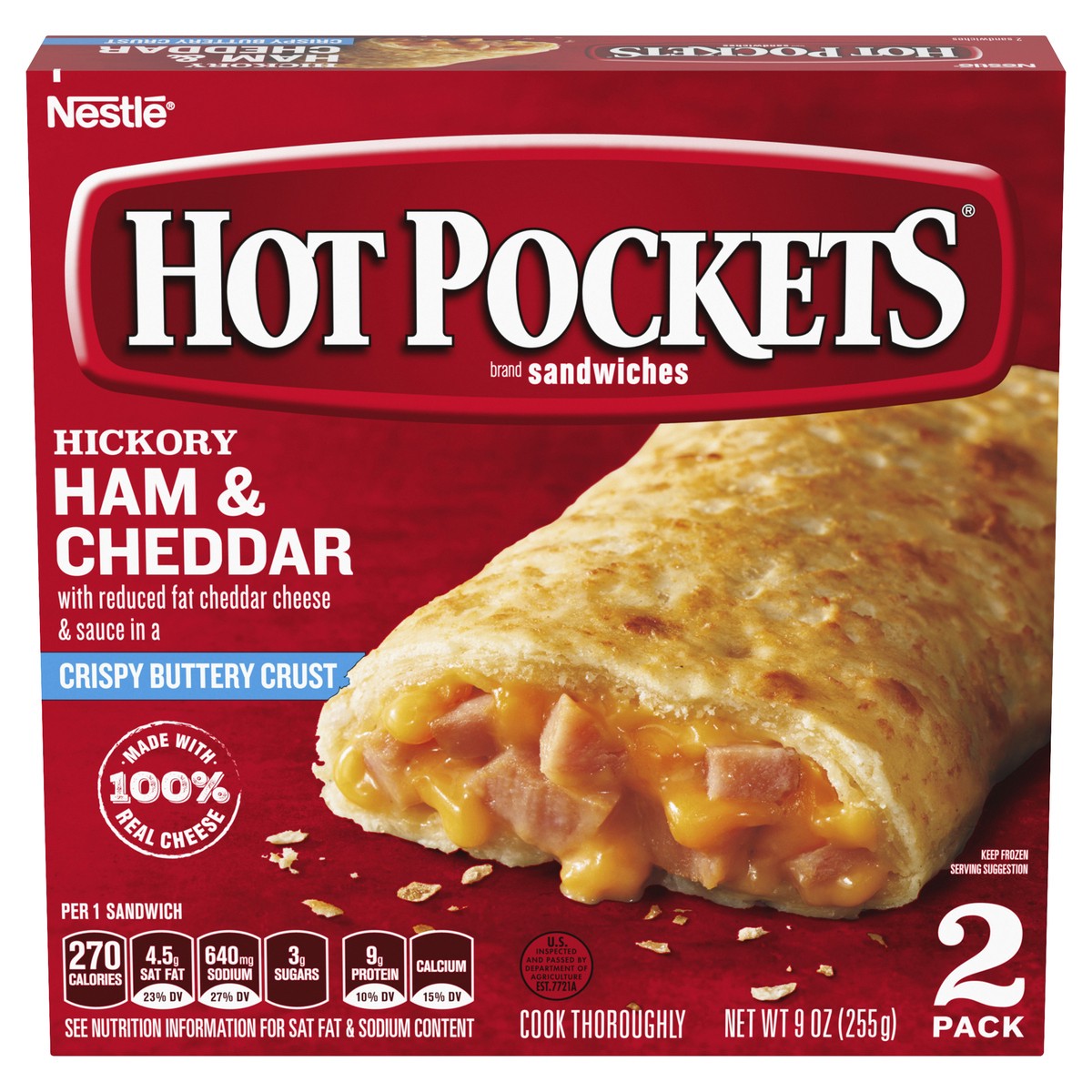 slide 1 of 8, Hot Pockets Hickory Ham & Cheddar Frozen Snacks in a Crispy Buttery Crust, Frozen Ham and Cheese Sandwiches Made with Real Reduced Fat Cheddar Cheese, 2 Count Frozen Sandwiches, 2 ct; 4.5 oz