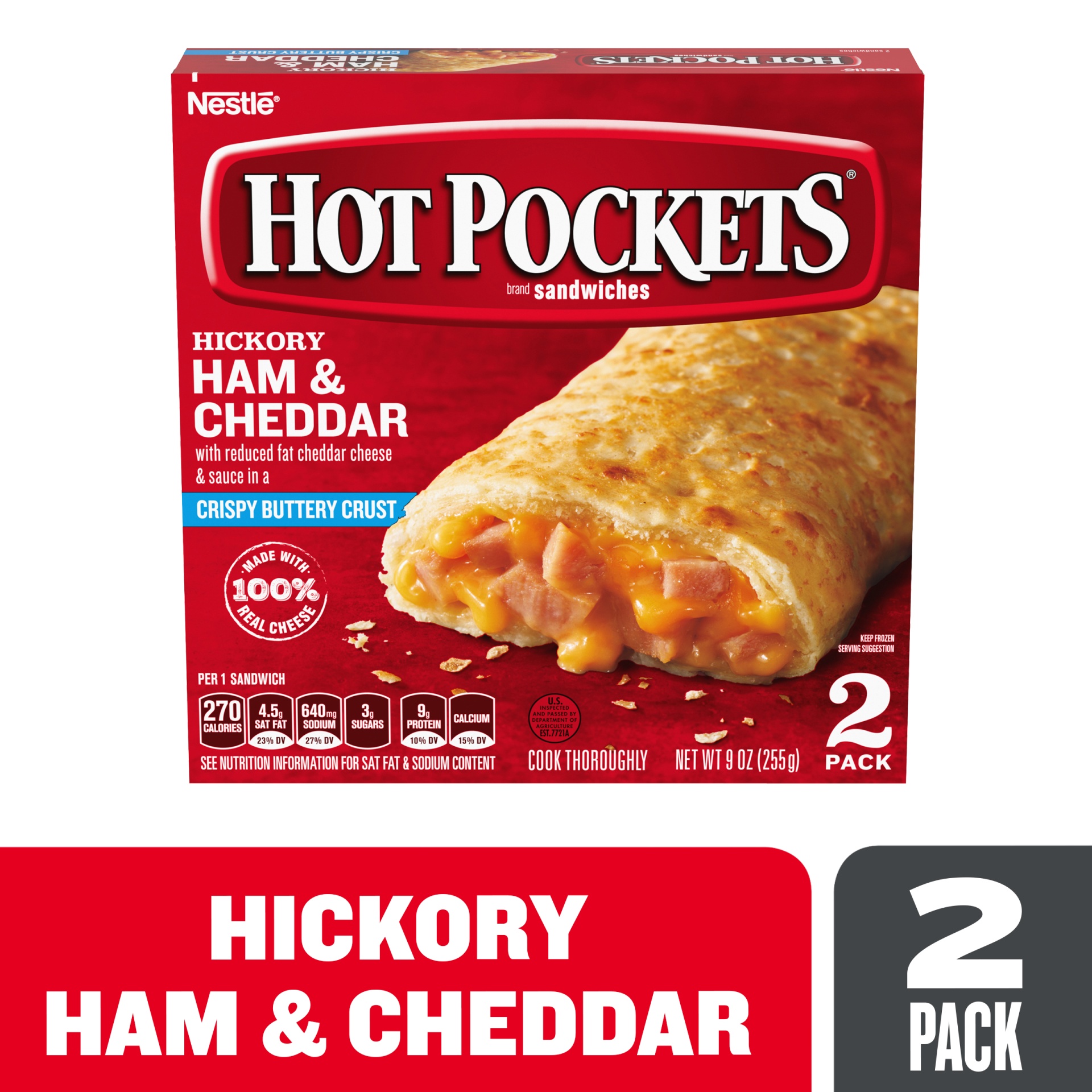 slide 1 of 14, Hot Pockets Hickory Ham & Cheddar Crispy Buttery Crust Frozen Snacks, 2 ct; 4.5 oz