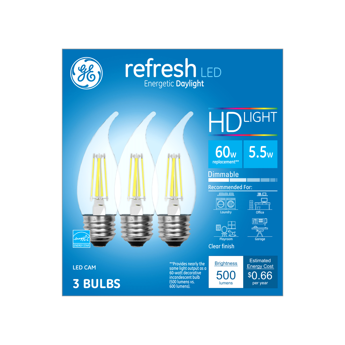 slide 1 of 5, GE Refresh HD Daylight 60W Replacement LED Decorative Clear Bent Tip Medium Base CAM Light Bulbs, 3 ct