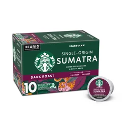 Starbucks K-Cup Coffee Pods, Dark Roast Hot or Iced Coffee, Single-Origin Sumatra, 10 Keurig Pods