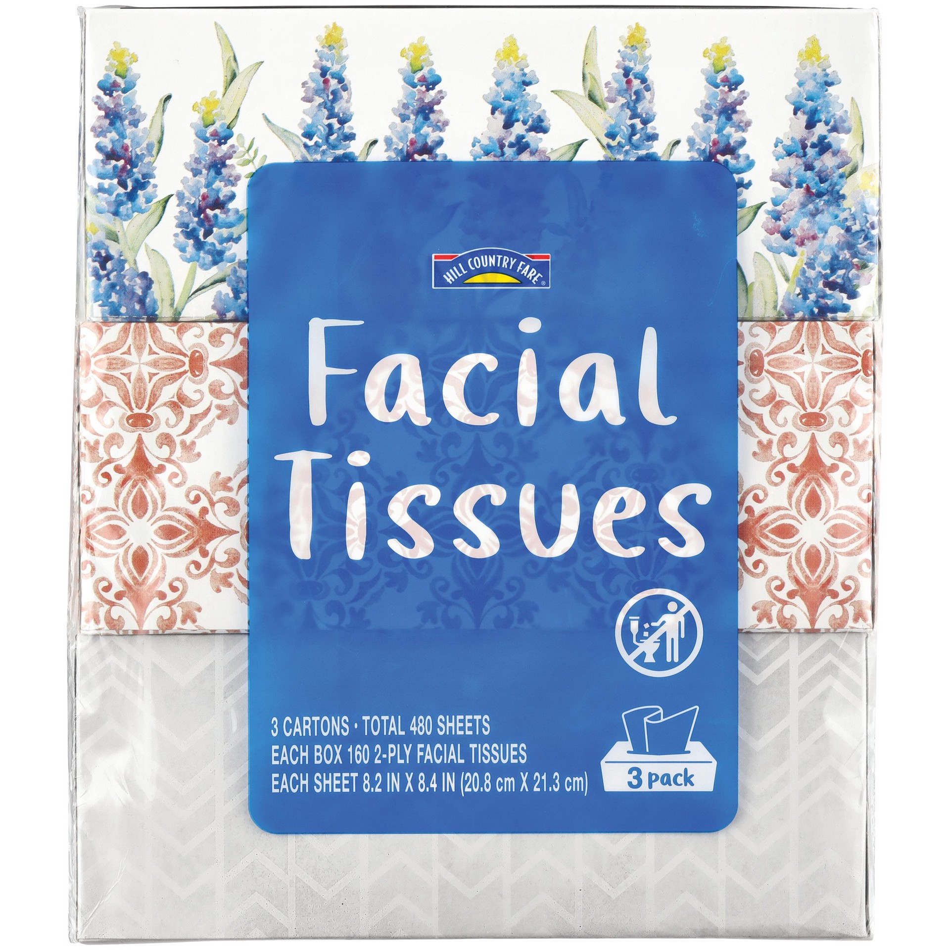 slide 1 of 1, Hill Country Fare Facial Tissues 3 pk, 480 ct