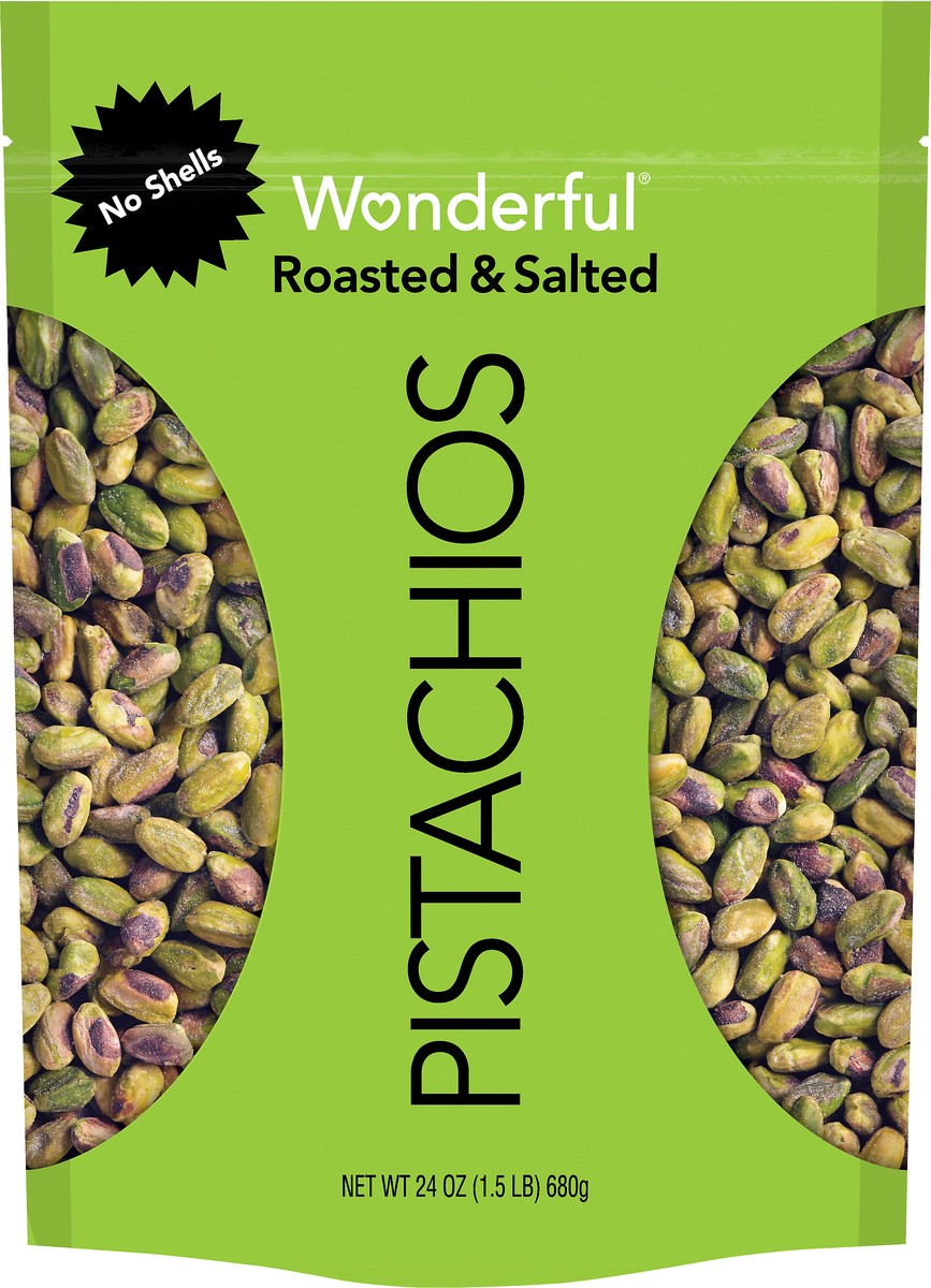 slide 4 of 7, Wonderful Pistachios, No Shells Roasted & Salted Nuts, 24 Ounce Resealable Pouch, 24 oz