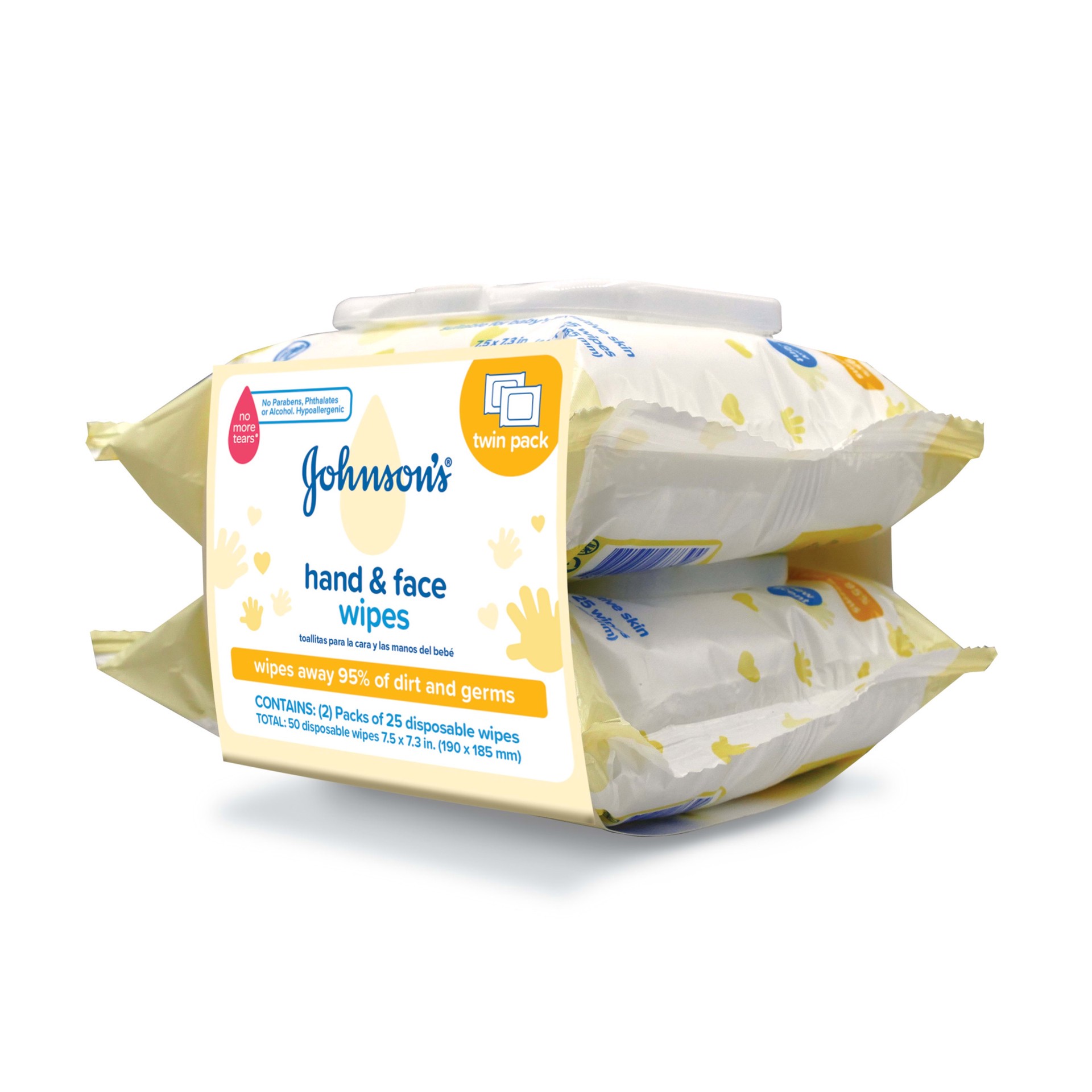 slide 2 of 5, Johnson's Johnson‘s Hand & Face Baby Cleansing Wipes, 2 Travel Packs of 25 ct., 50 ct