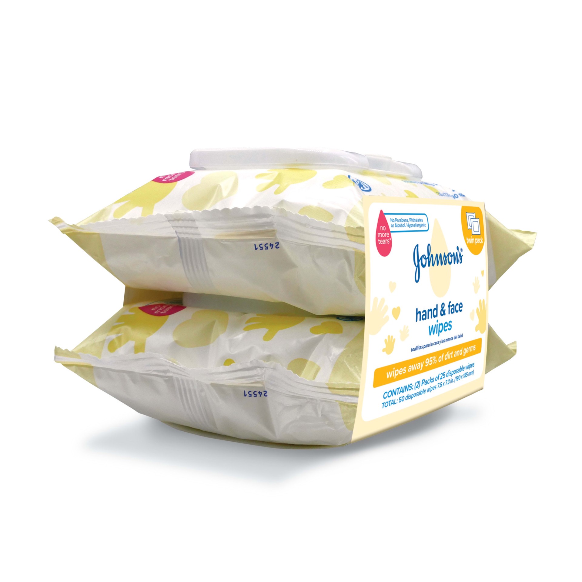 slide 3 of 5, Johnson's Johnson‘s Hand & Face Baby Cleansing Wipes, 2 Travel Packs of 25 ct., 50 ct