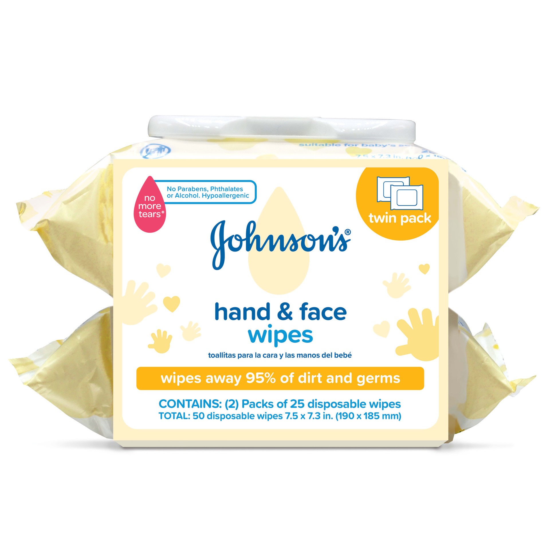 slide 4 of 5, Johnson's Johnson‘s Hand & Face Baby Cleansing Wipes, 2 Travel Packs of 25 ct., 50 ct