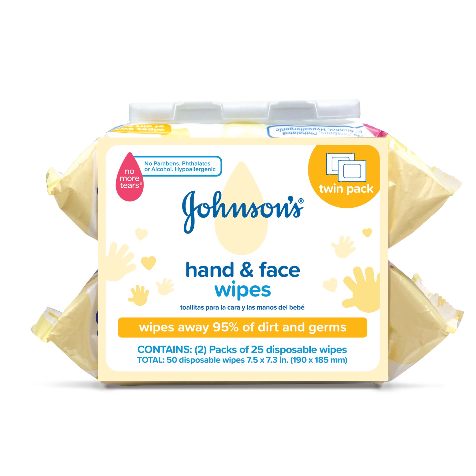 slide 5 of 5, Johnson's Johnson‘s Hand & Face Baby Cleansing Wipes, 2 Travel Packs of 25 ct., 50 ct