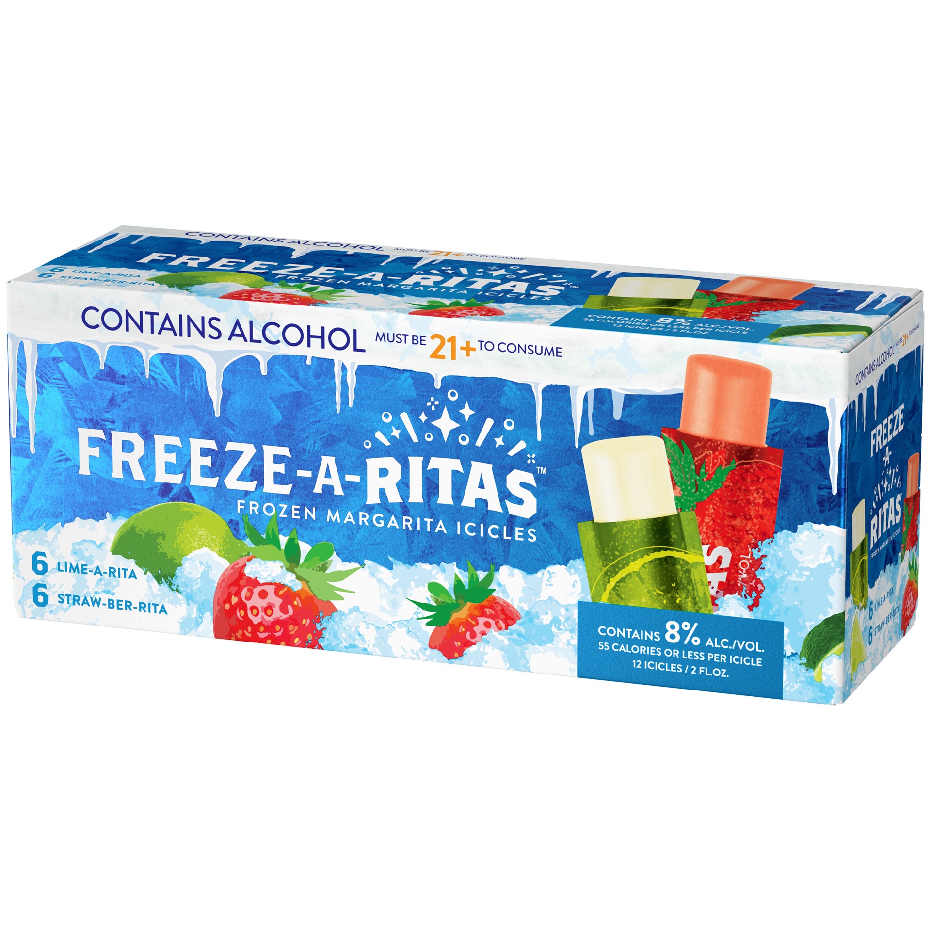 slide 2 of 3, Freeze-A-Ritas Lime-A-Rita & Straw-Ber-Rita Frozen Margarita Icicles Variety Pack, 12 Pack 2 fl. oz. Pouches, 8% ABV, 12 ct