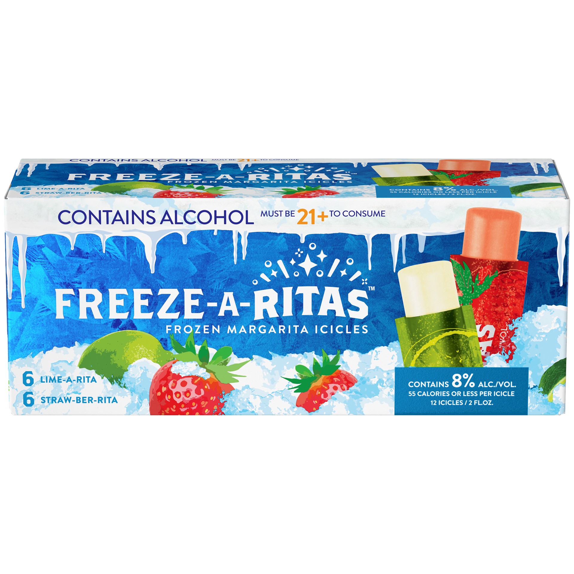 slide 3 of 3, Freeze-A-Ritas Lime-A-Rita & Straw-Ber-Rita Frozen Margarita Icicles Variety Pack, 12 Pack 2 fl. oz. Pouches, 8% ABV, 12 ct
