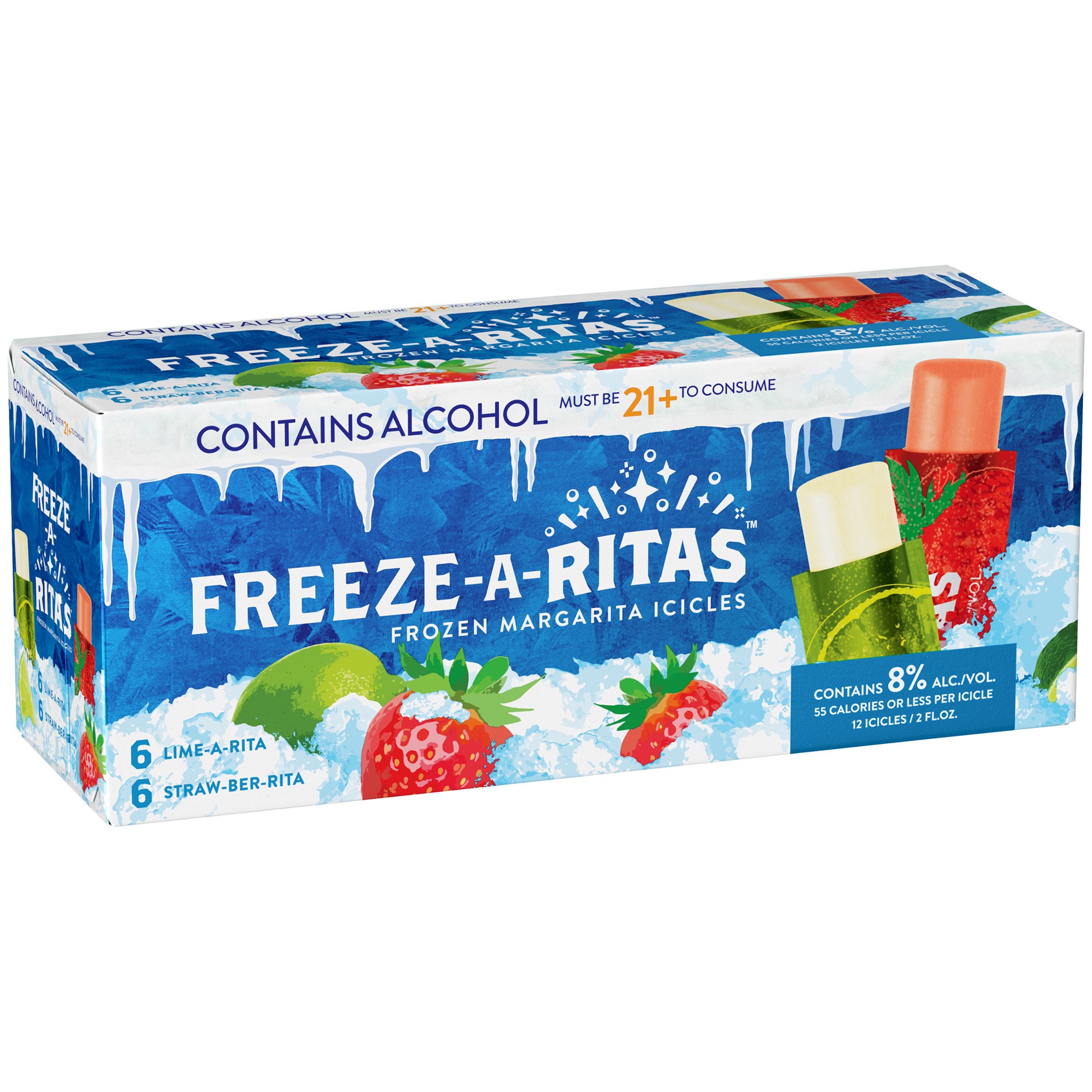 slide 1 of 3, Freeze-A-Ritas Lime-A-Rita & Straw-Ber-Rita Frozen Margarita Icicles Variety Pack, 12 Pack 2 fl. oz. Pouches, 8% ABV, 12 ct