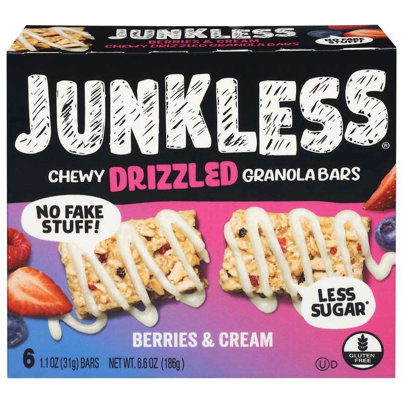 slide 1 of 5, JUNKLESS Berries & Cream Chewy Drizzled Granola Bars, 6 ct
