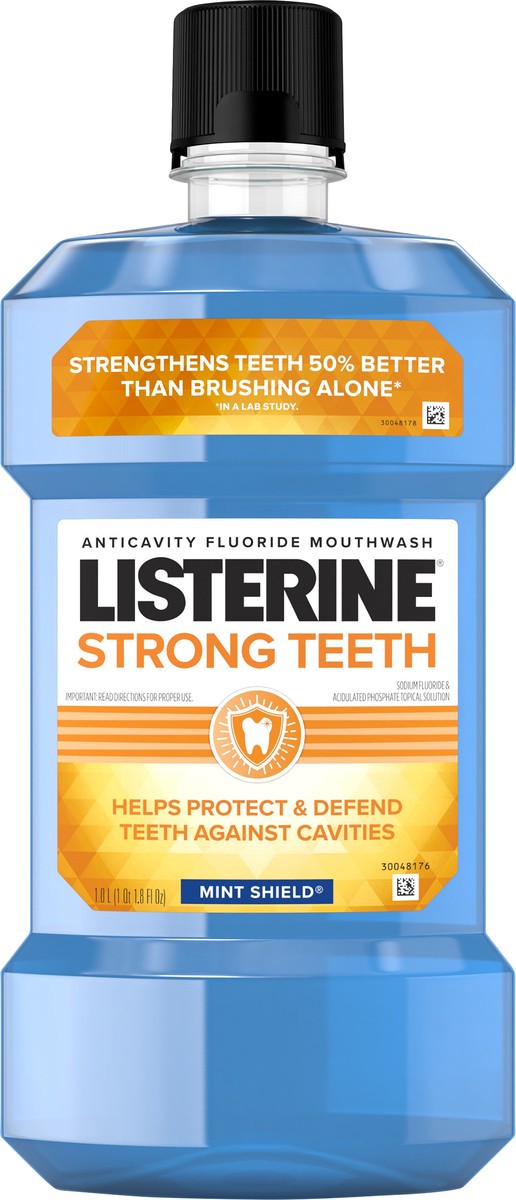 slide 7 of 7, Listerine Strong Teeth Anticavity Fluoride Mouthwash with Sodium Fluoride, Teeth Strengthening Mouthwash to Help Prevent Dental Cavities & Freshen Bad Breath, Mint Shield Flavor, 1 L, 1 liter