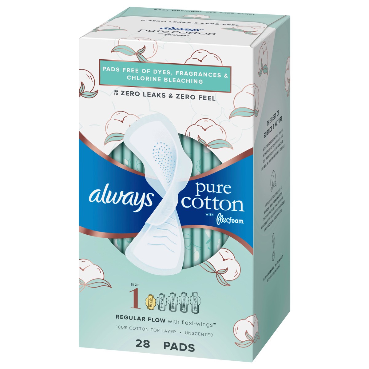 slide 4 of 5, Always 100% Cotton Pads With Flexfoam Regular Flow With Flexiwings Size 1, 28 ct