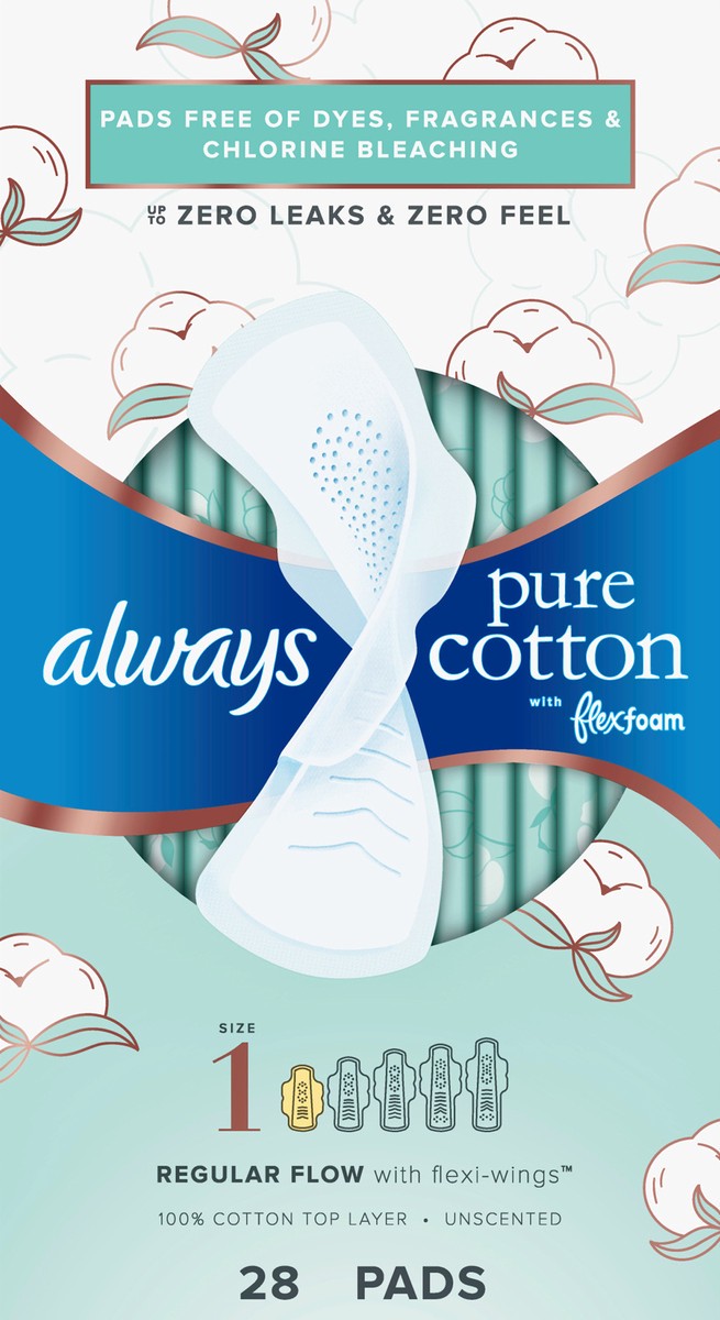 slide 5 of 5, Always 100% Cotton Pads With Flexfoam Regular Flow With Flexiwings Size 1, 28 ct