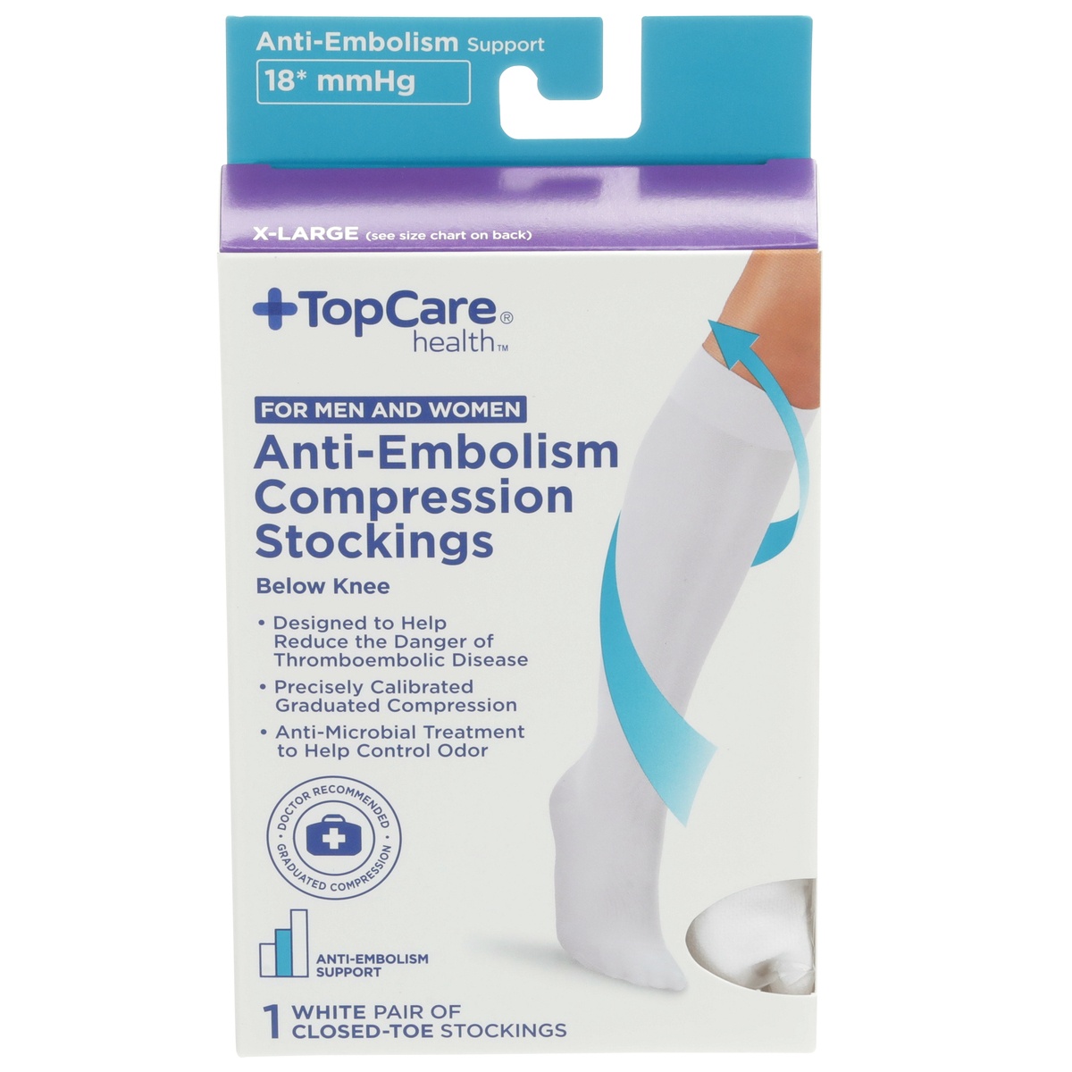 slide 1 of 1, TopCare Health Men & Women Anti Embolism Compression Stockings Below Knee X-Large White, 1 pair