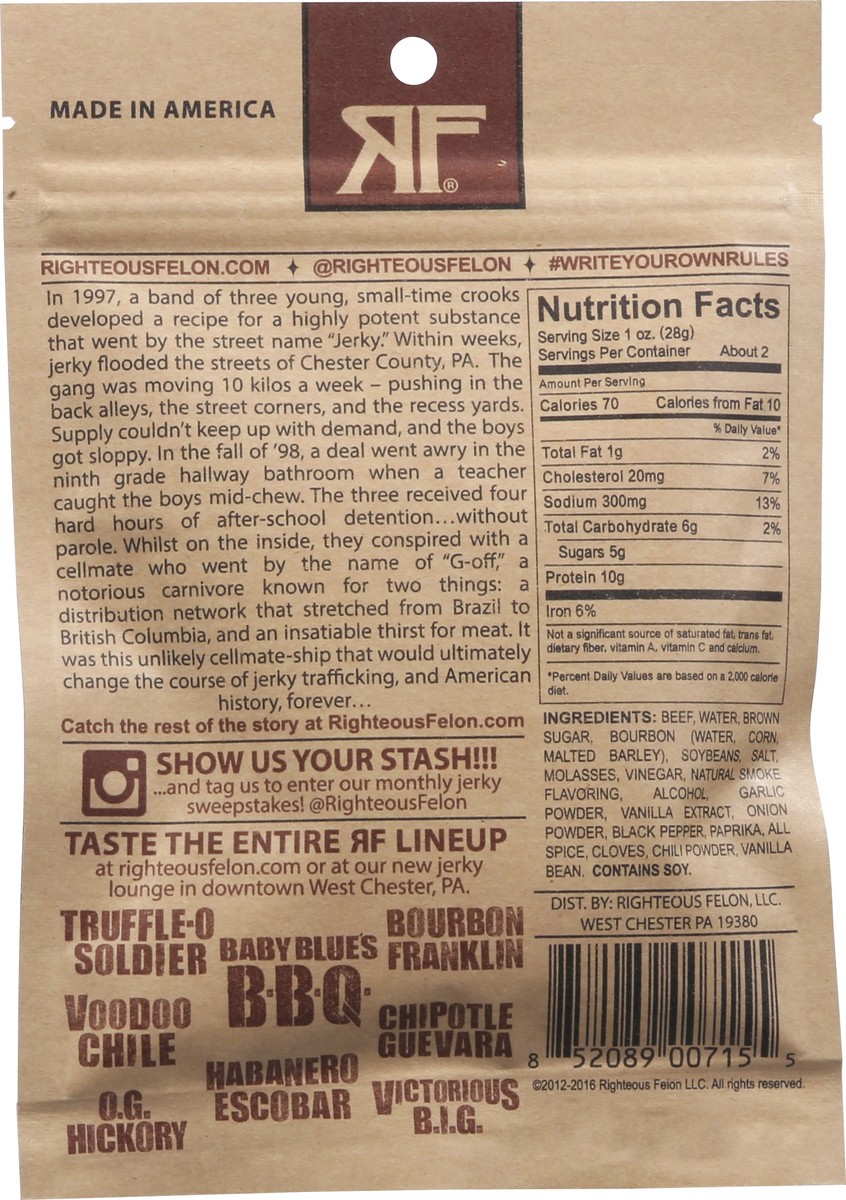 slide 4 of 9, Righteous Felon Beef Jerky Smoke Flavor Bourbon Franklin - 2 oz, 2 oz