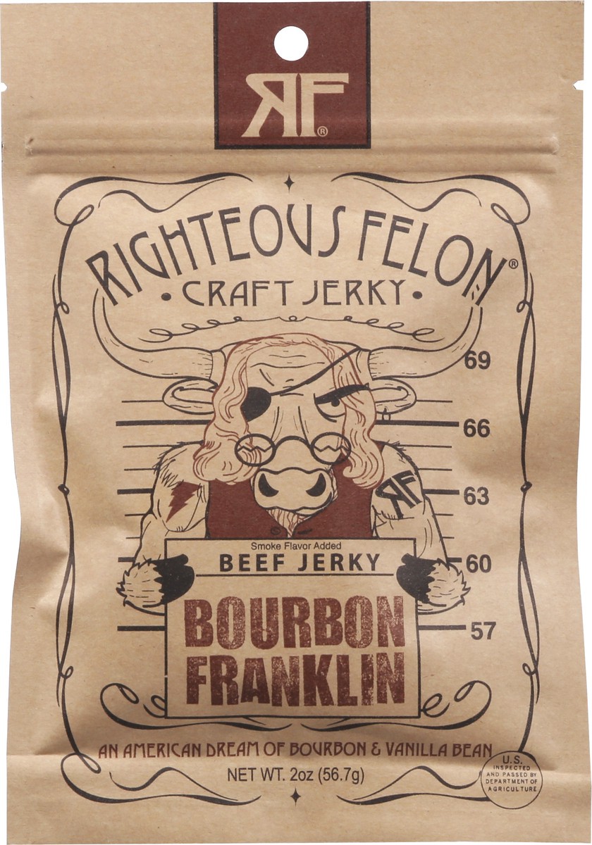 slide 5 of 9, Righteous Felon Beef Jerky Smoke Flavor Bourbon Franklin - 2 oz, 2 oz