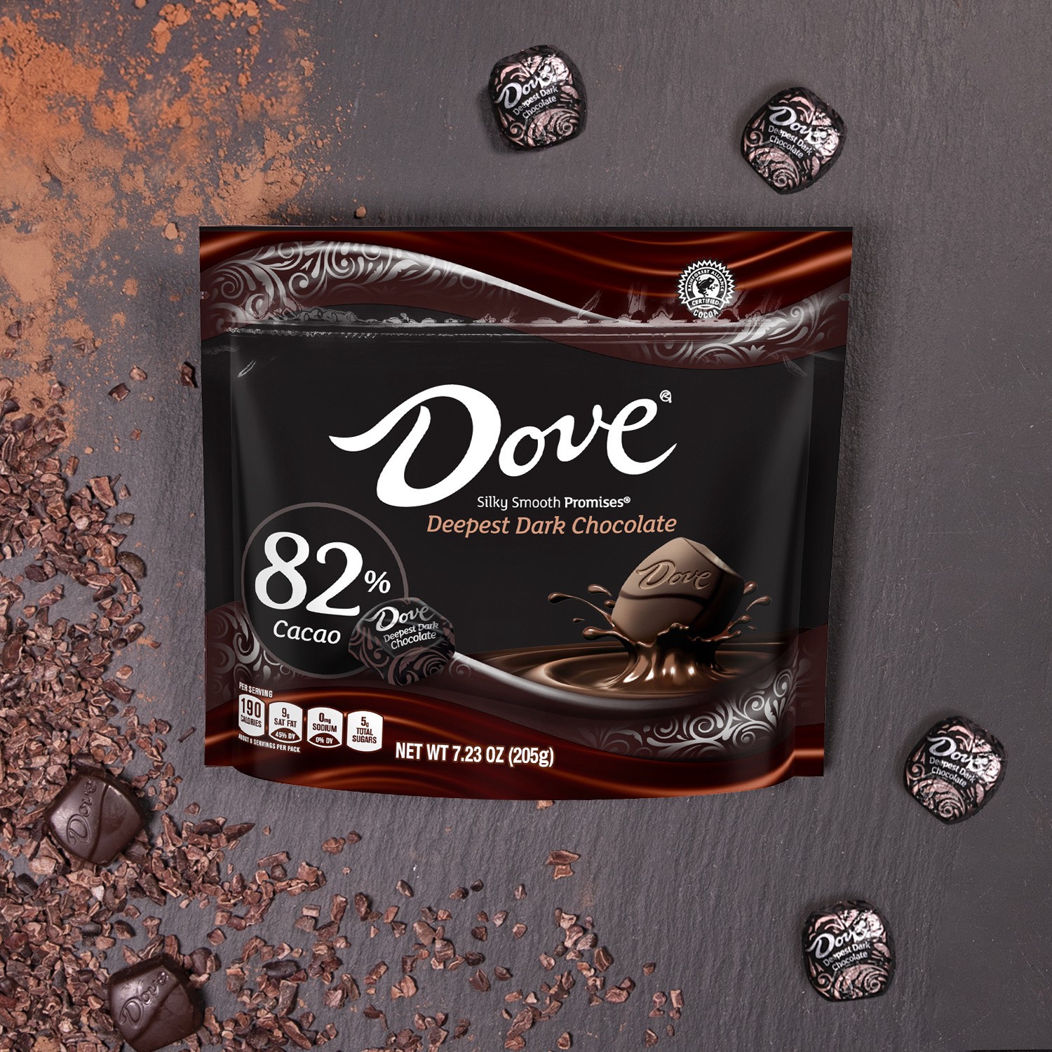 slide 7 of 8, DOVE PROMISES Deepest Dark Chocolate Candy 82% Cacao, Sharing Size, 7.23 oz Bag, 7.23 oz