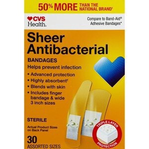 slide 1 of 1, CVS Health Sheer Antibacterial Bandages, Assorted Sizes, 30 Ct, 1 ct
