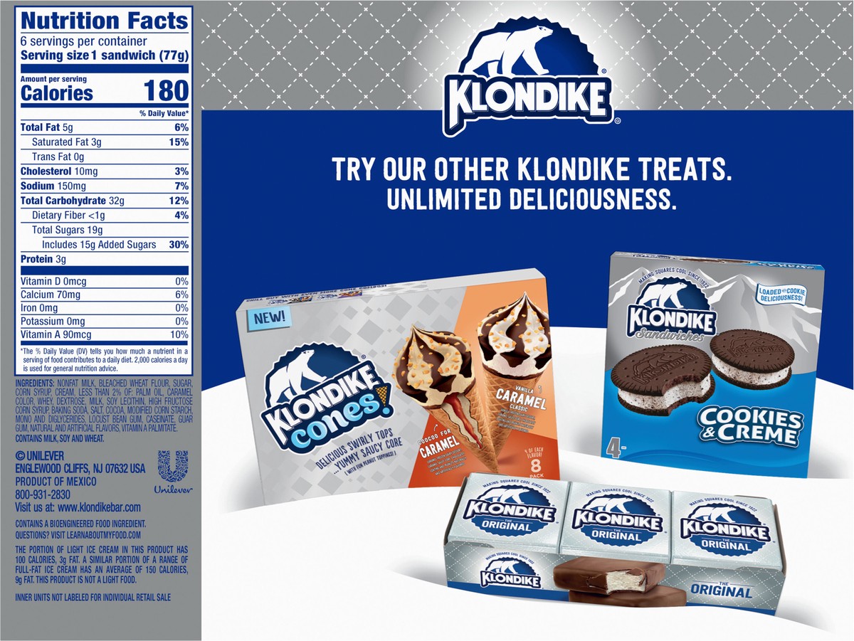 slide 3 of 9, Klondike Ice Cream Sandwiches Vanilla, 4.23 fl oz, 6 Count , 4.23 fl oz