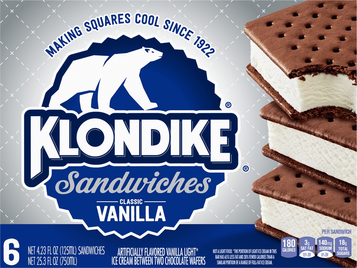 slide 4 of 9, Klondike Ice Cream Sandwiches Vanilla, 4.23 fl oz, 6 Count , 4.23 fl oz