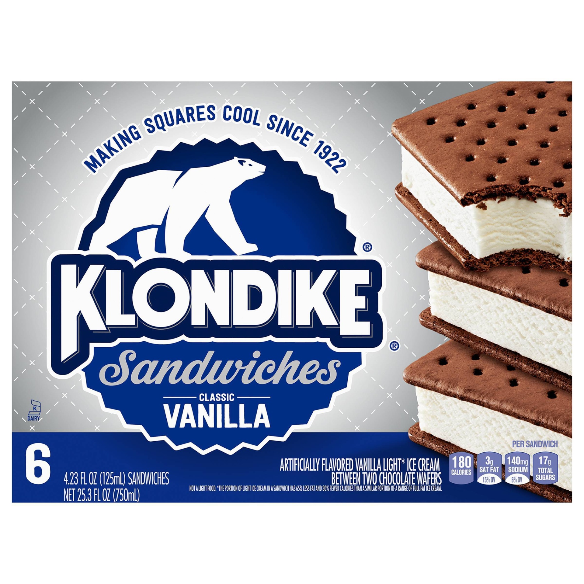 slide 1 of 7, Klondike Vanilla Ice Cream Sandwiches, 6 ct; 4.23 oz