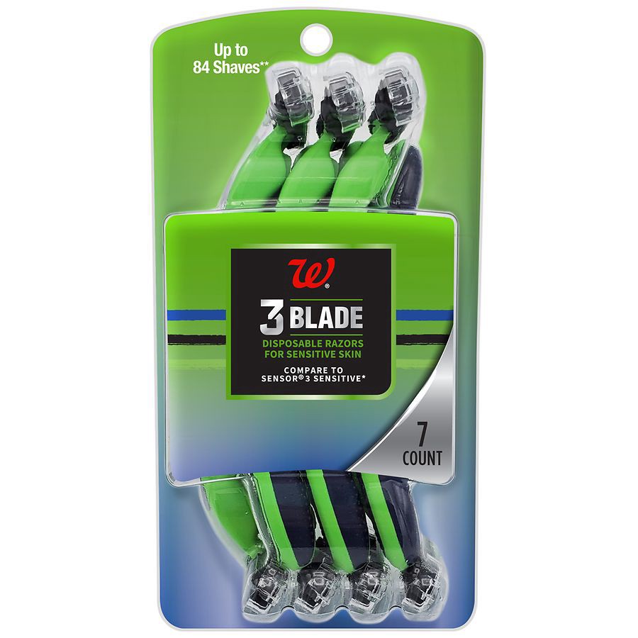 slide 1 of 2, Walgreens 3 Blade Disposable Razors for Sensitive Skin, 7 ct