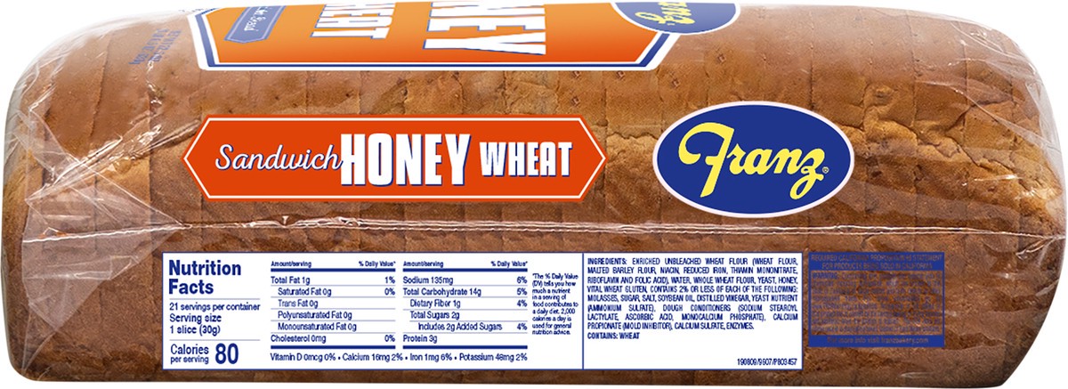 slide 6 of 6, Franz Honey Wheat Whole Grain Bread Sandwich Bread 22.5oz, 22.5 oz