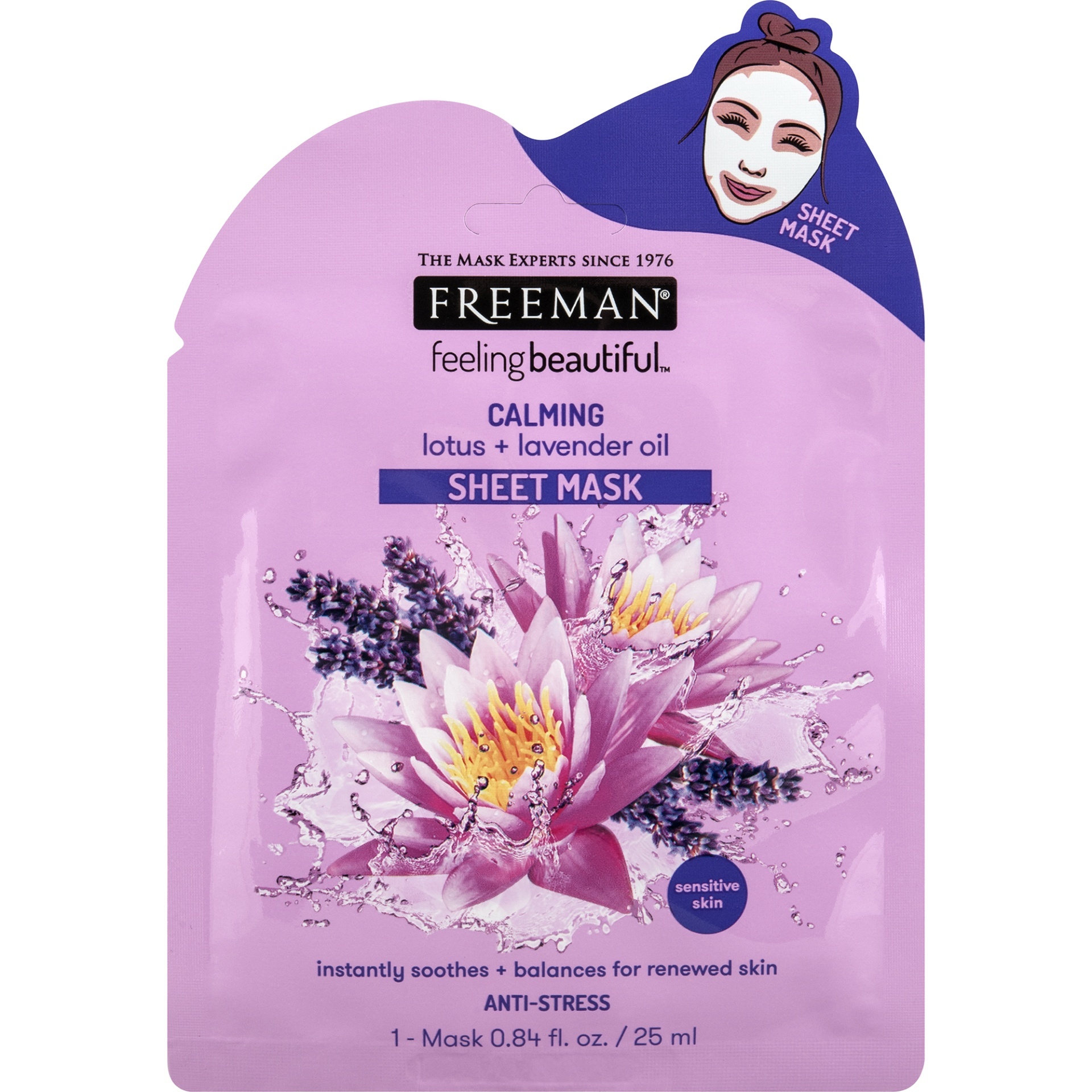 slide 1 of 1, Freeman Feeling Beautiful Calming Lotus + Lavender Oil Sheet Mask, 0.84 fl oz