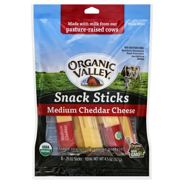 slide 1 of 10, Organic Valley Medium Cheddar Cheese Snack Sticks, 4.5 oz