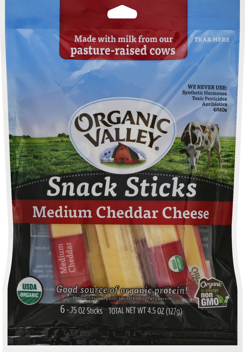 slide 6 of 10, Organic Valley Medium Cheddar Cheese Snack Sticks, 4.5 oz