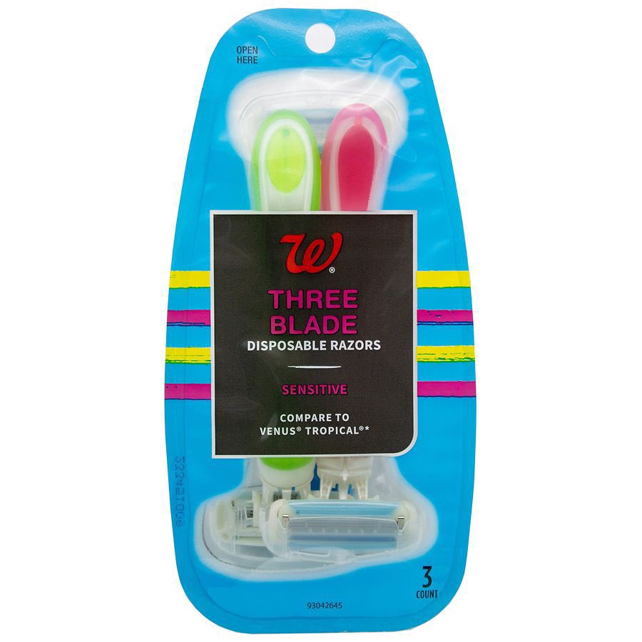 slide 1 of 2, Walgreens Three Blade Disposable Razors for Sensitive Skin, 3 ct
